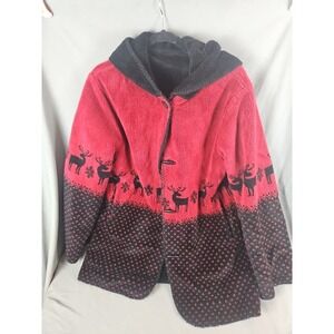 Alpine Studio Medium Faux Fur Reversible Reindeer Coat Hooded Toggles‎ Red Black